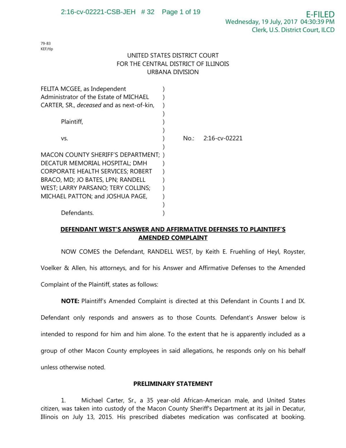 Randall West response to complaint
