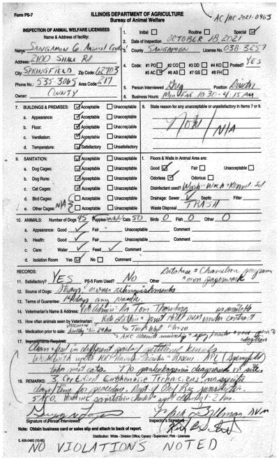 Sangamon County Animal Control inspection report