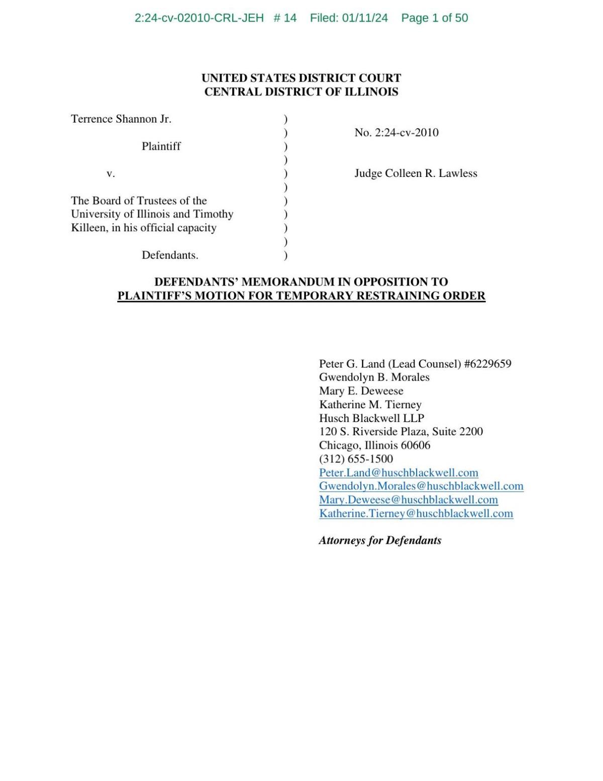 U of I Response to Terrence Shannon Jr.'s TRO Motion