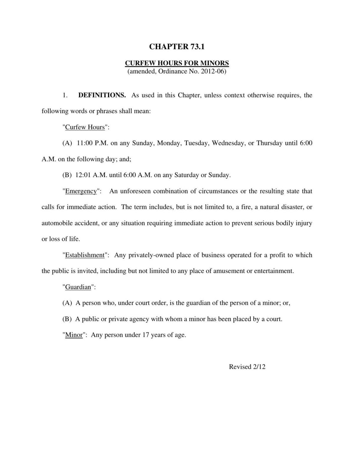 CHAPTER 73.1 CURFEW HOURS FOR MINORS