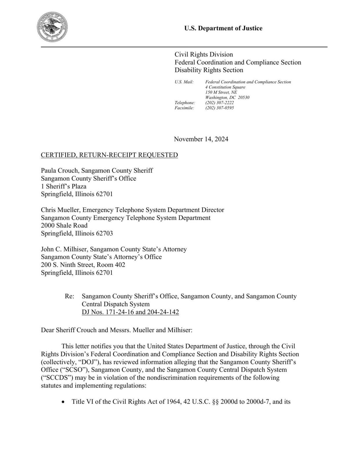 DOJ launches investigation into Sangamon Co. Sheriff's Office