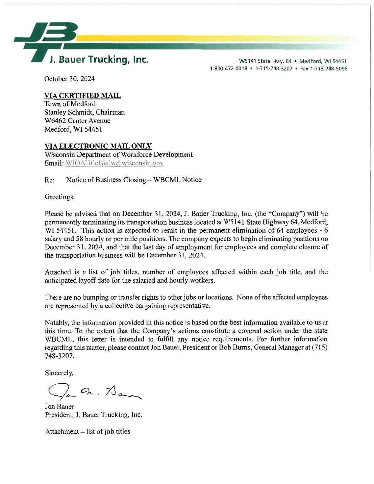 J. Bauer Trucking, Inc. layoffs