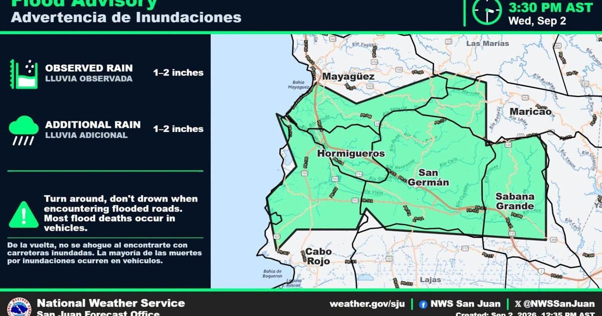 NWS emite advertencia de inundaciones para seis municipios del oeste de Puerto Rico