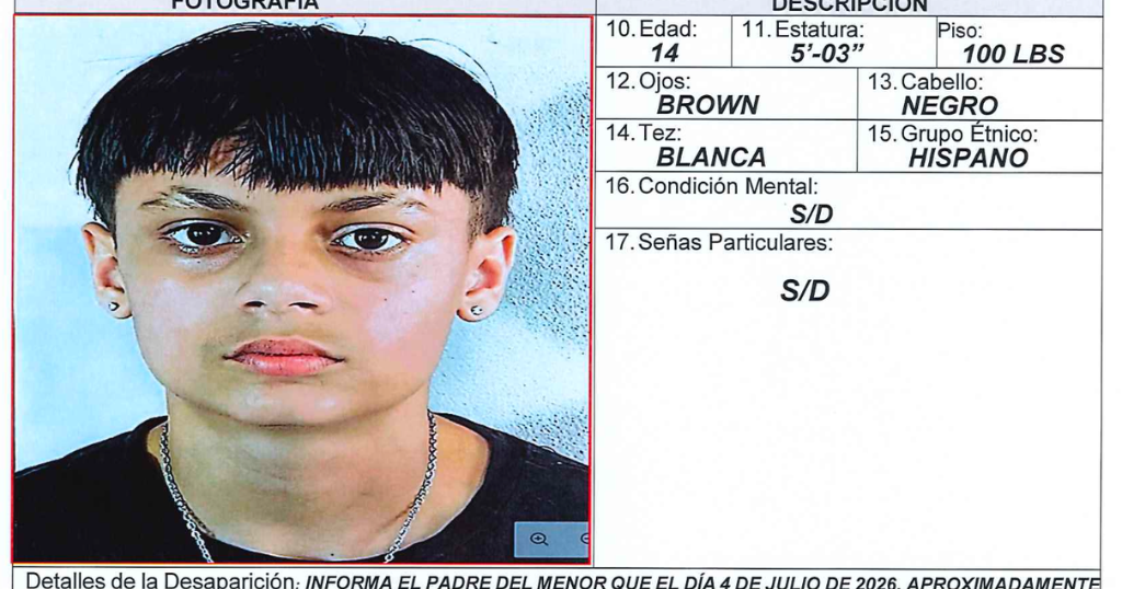 Adolescente de 14 años desaparece en Bayamón tras escaparse de su casa mientras estaba castigado
