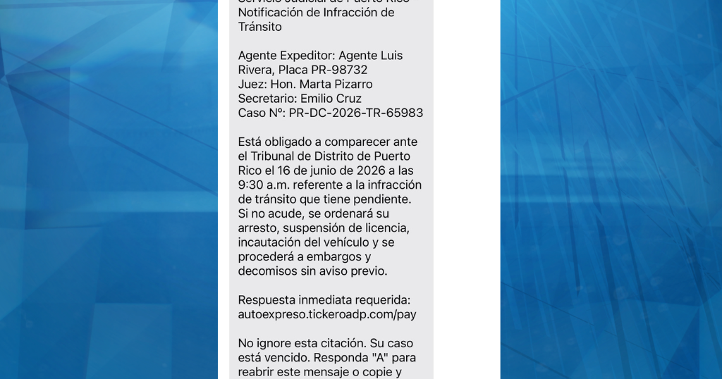 ¿Recibió un texto con una citación por una alegada multa? ¡Es fraude!