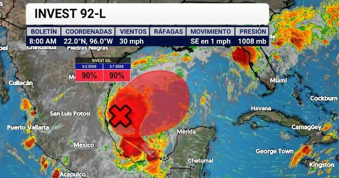 Invest 92L tiene 90% de probabilidad de convertirse en depresión tropical en el Golfo de México