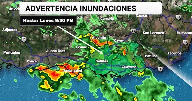 Advertencia de inundaciones en Arroyo, Guayama y Salinas hasta las 9:30 p.m.