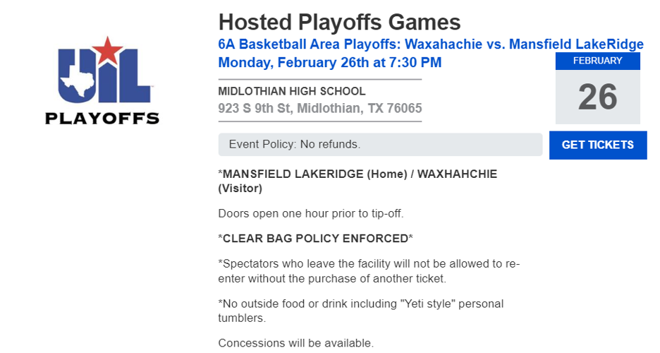 Waxahachie ISD sports calendar for the week beginning Monday, Feb. 26