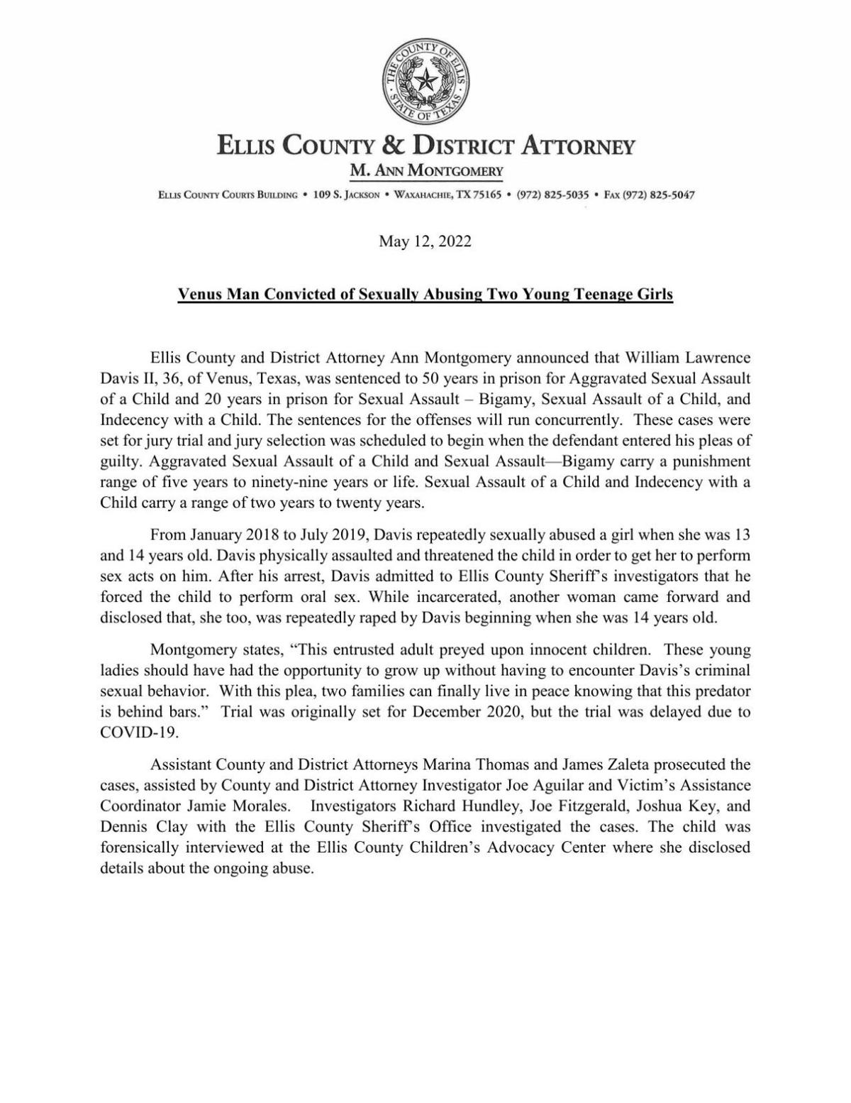 Davis - agg sex assault child - plea - press release - Final.pdf | |  waxahachiesun.com