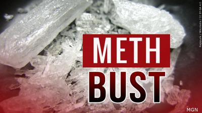 Meth Bust graphic with drugs pictured in background