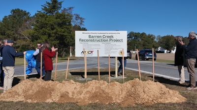 shovels in dirt in front of Barren Creek Road Groundbreaking sign