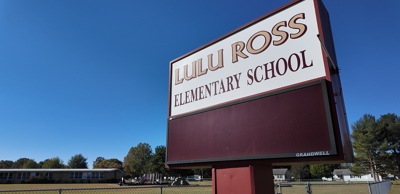 Lulu Ross Elementary School sign, turned off.