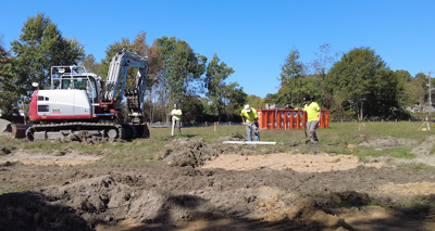 Construction on the site of Georgetown's pallet shelter village