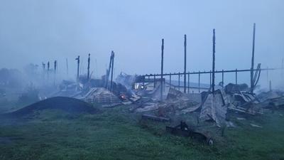 A pole barn lies in ruins following a 2-alarm fire on Tuesday in Centreville