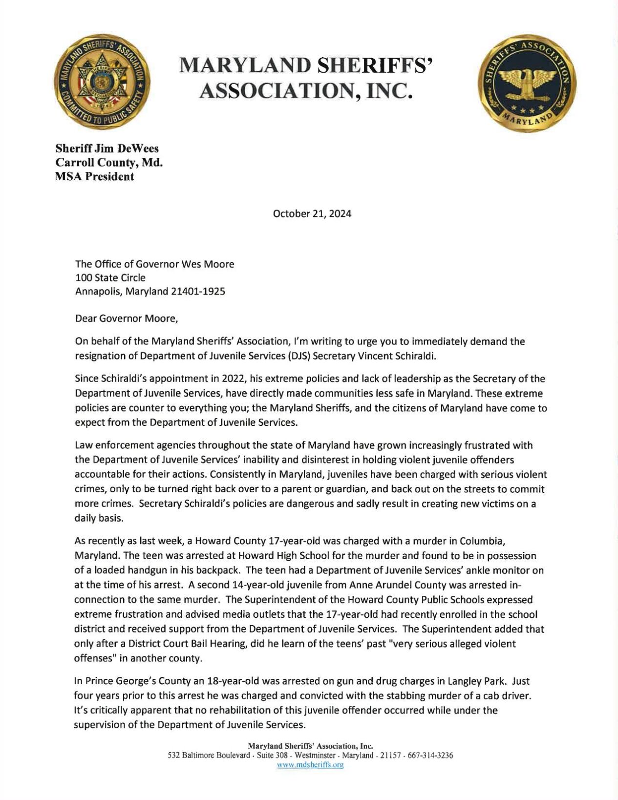 Maryland Sheriff Association's Letter to Gov. Moore