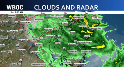 Satellite map of Delmarva showing the weather radar and clouds.