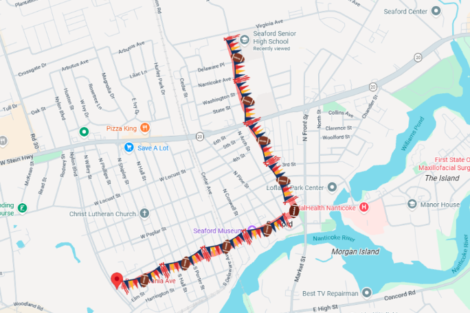 A map shows markers along the route of a parade.