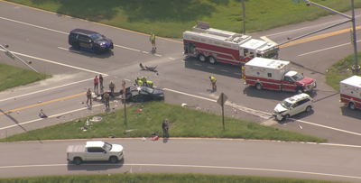 A crash at the intersection of Whaleyville Road and Route 50, as seen from Chopper 16.