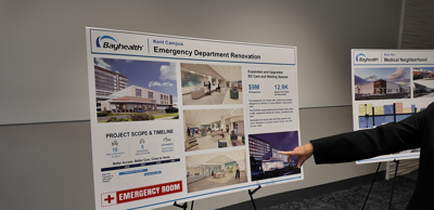 Poster board discussing plans for one of Bayhealth's upcoming projects: Kent Campus Emergency Department Renovation.