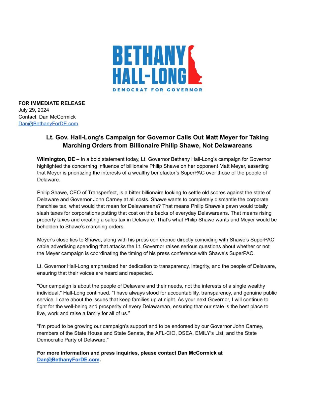 Hall-Long Campaign Statement