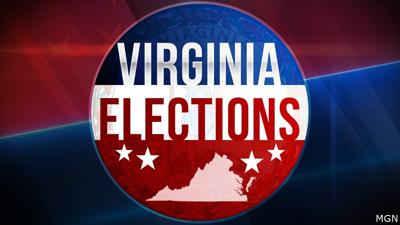 Red and white text reads "Virginia Elections" with an outline of the Commonwealth and white stars over a red and blue background.