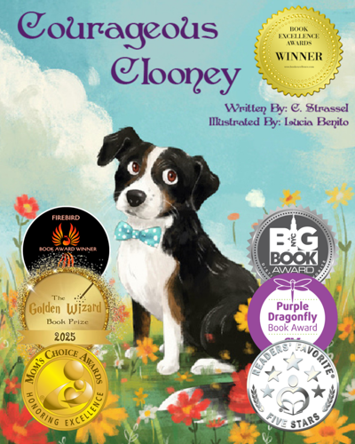 book cover with black and white dog with blue sky