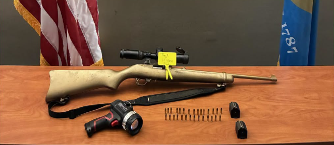 A hunting rifle, ammunition, and a handheld light.