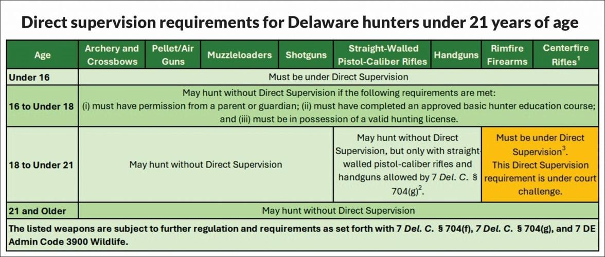 A table outlining DNREC's updated hunting rules for those under 21.