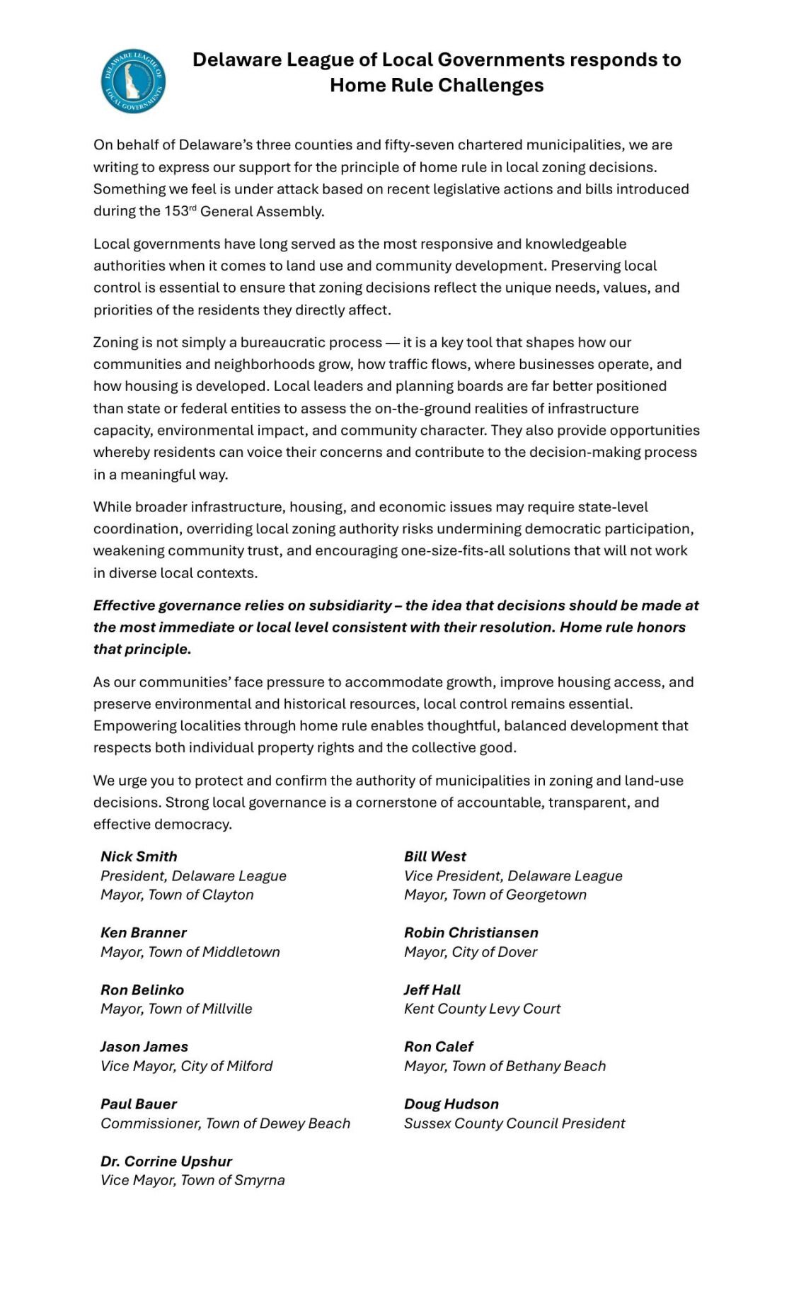 Delaware League of Local Governments Statement
