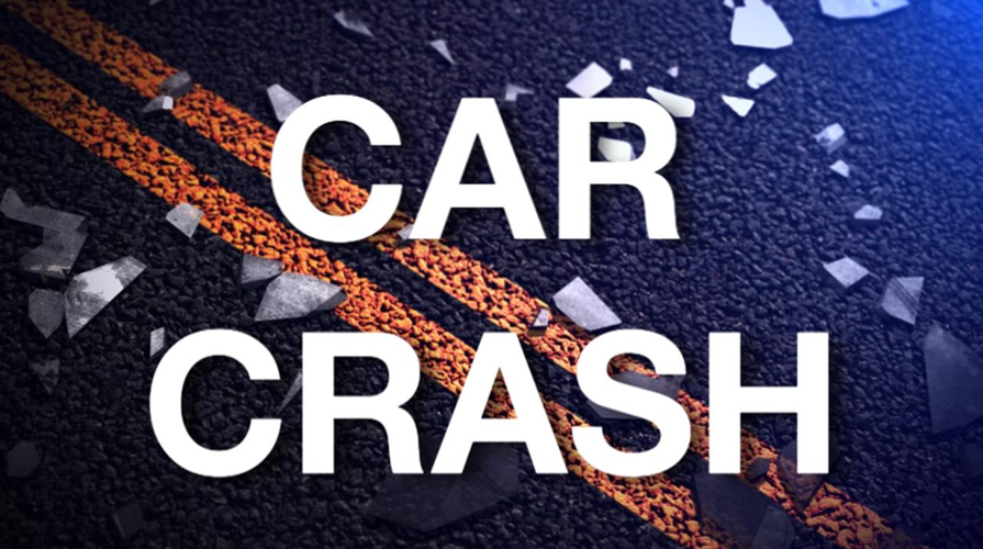 Car crash graphic with shattered glass on roadway