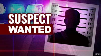 The words "suspect wanted" overhead police lights and a generic mugshot outline.