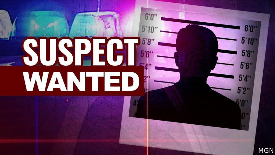 The words "suspect wanted" overhead police lights and a generic mugshot outline.