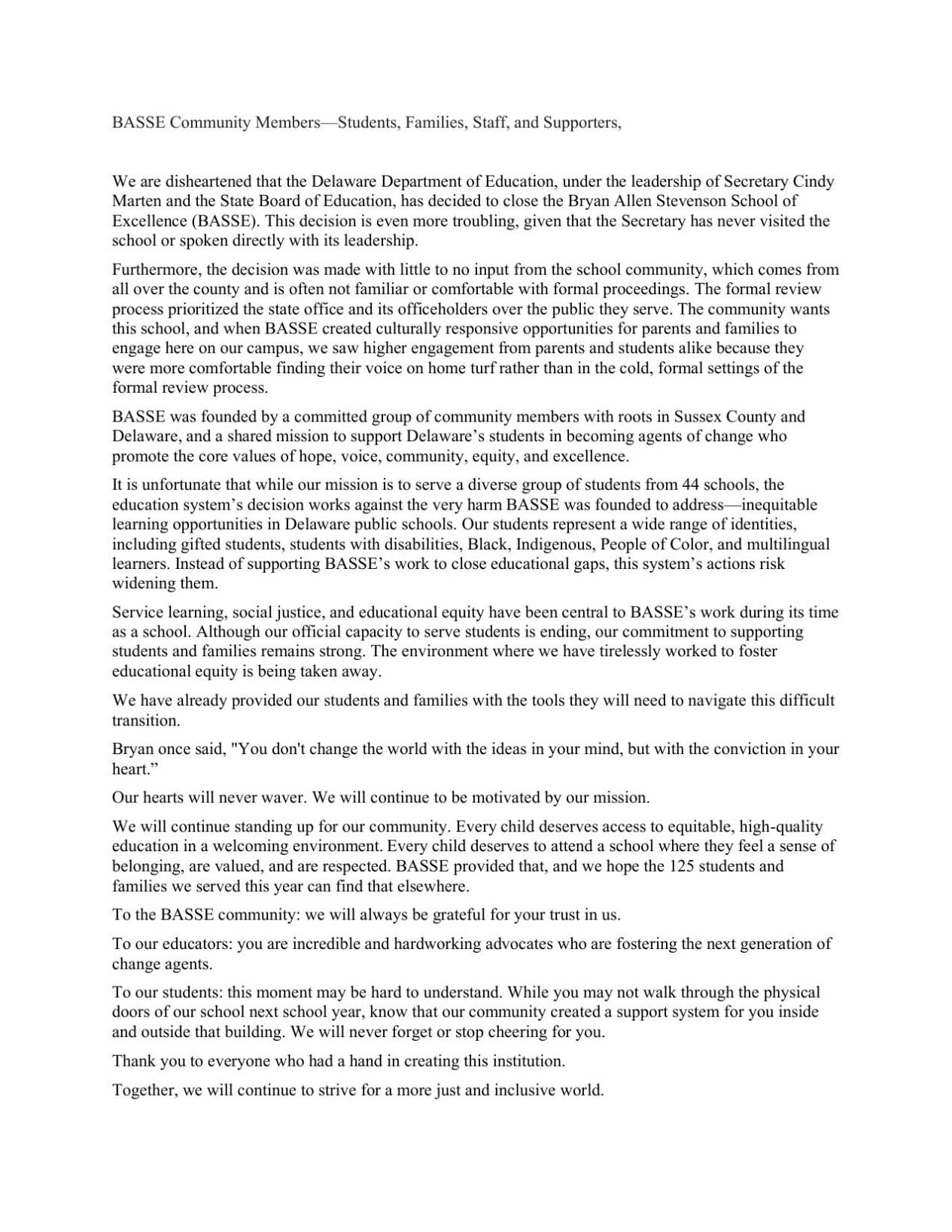 BASSE Statement on Closure