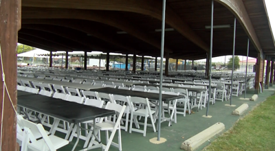 Tables and chairs assembled ahead of this year's Crab and Clam Bake in Crisfield, MD