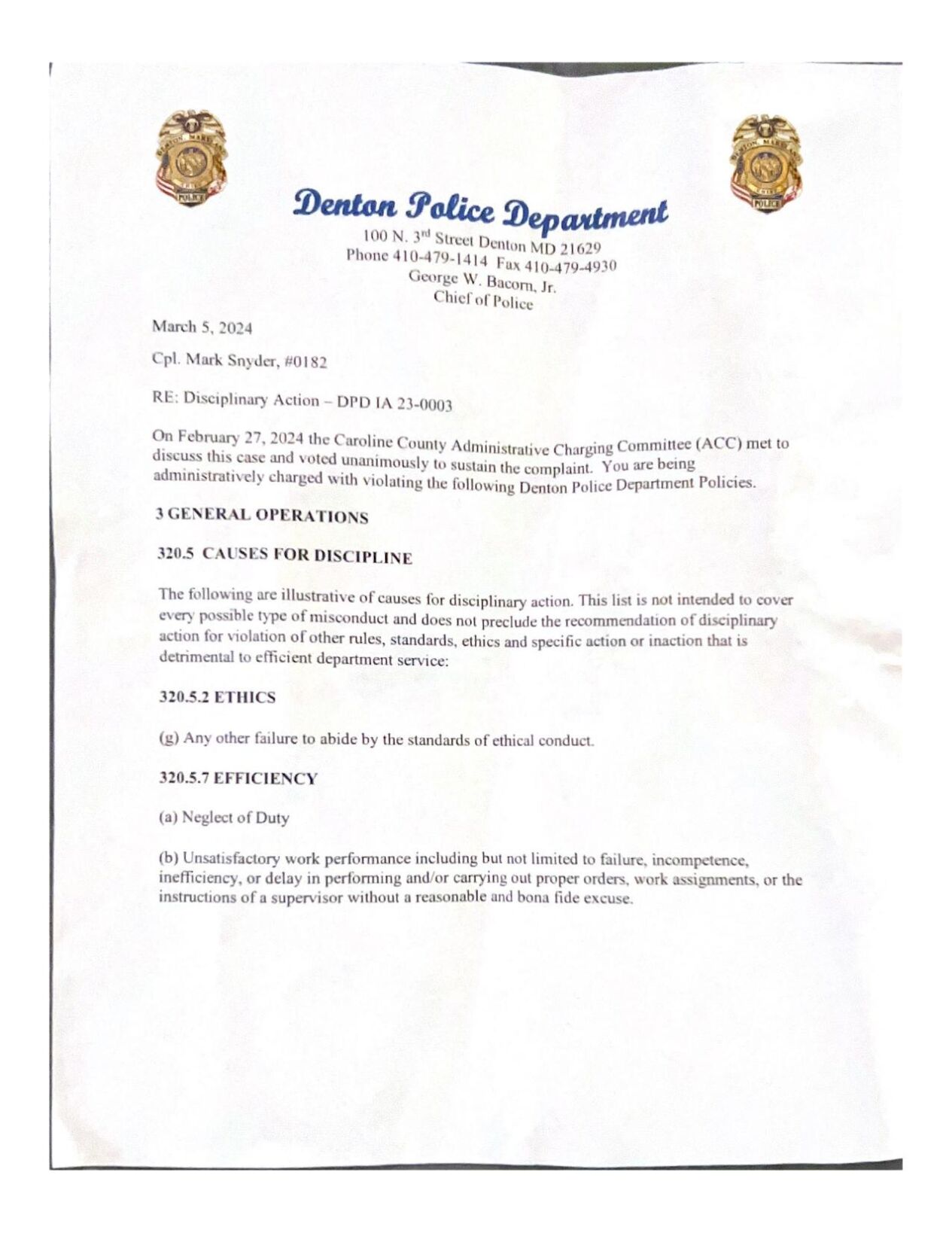 Violation List for Cpl. Snyder