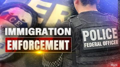 The words Immigration Enforcement superimposed on the image of an ICE officer.