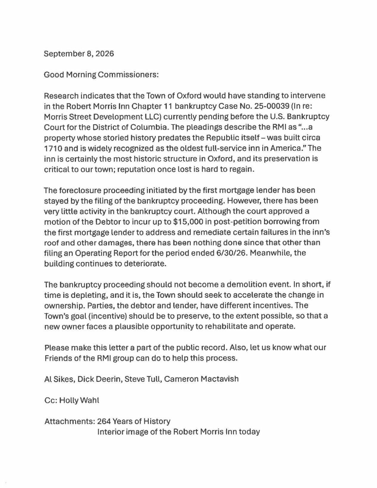 Friends of the Robert Morris Inn letter to Oxford Commissioners
