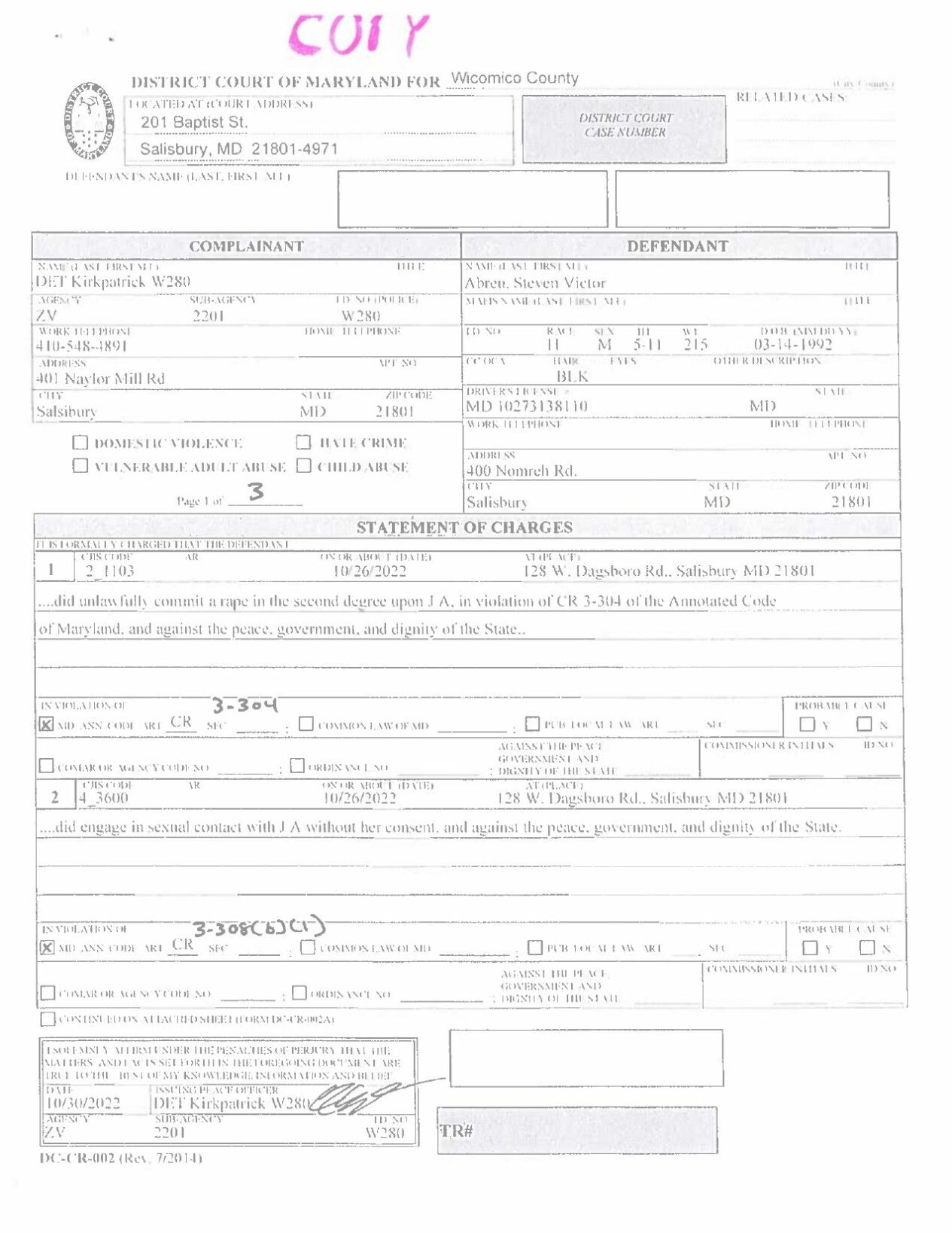 Steven Abreu Statement of Charges