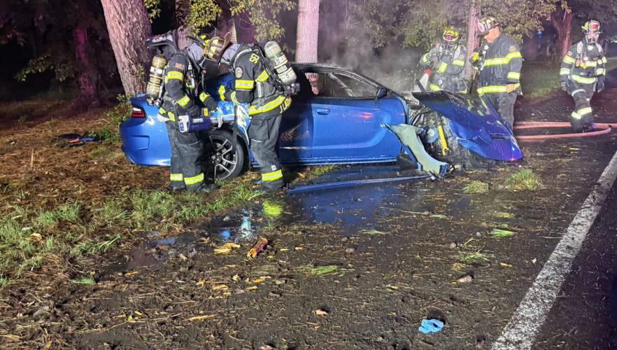 Firefighters finish extinguishing flames which engulfed a sedan after it crashed into trees off US 113.