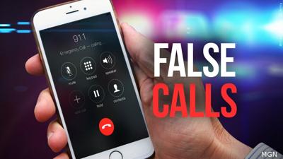 Iphone with a 911 call on the screen, and the text "False calls" next to it.