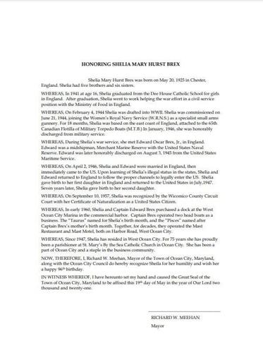 Ocean City Honors Shelia Mary Hurst Brex With Keys To The City