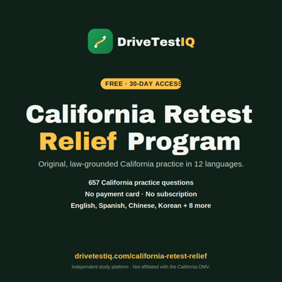 DriveTestIQ.com Launches California Retest Relief Program for Drivers Required to Retake California Written Test