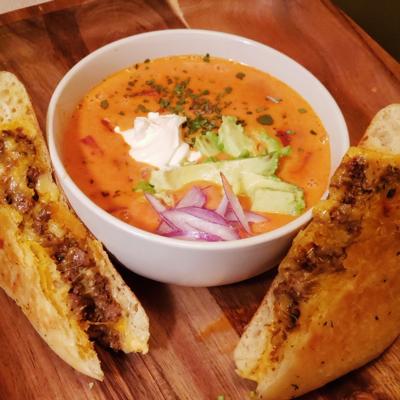 Taco Grilled Cheese & Queso Tomato Soup