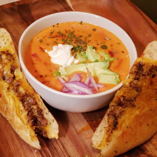 Taco Grilled Cheese & Queso Tomato Soup