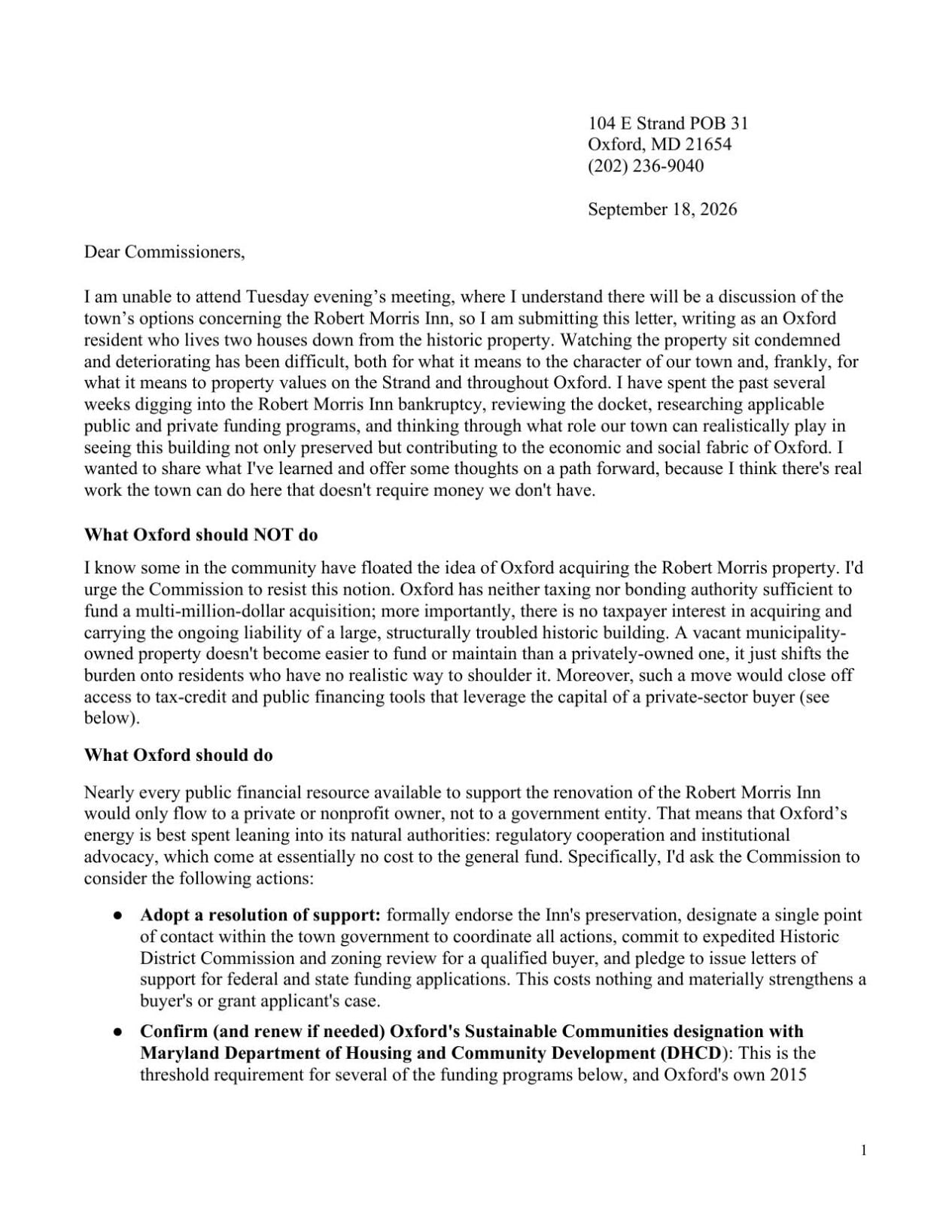 Karen Wayland's letter to Oxford Commissioners