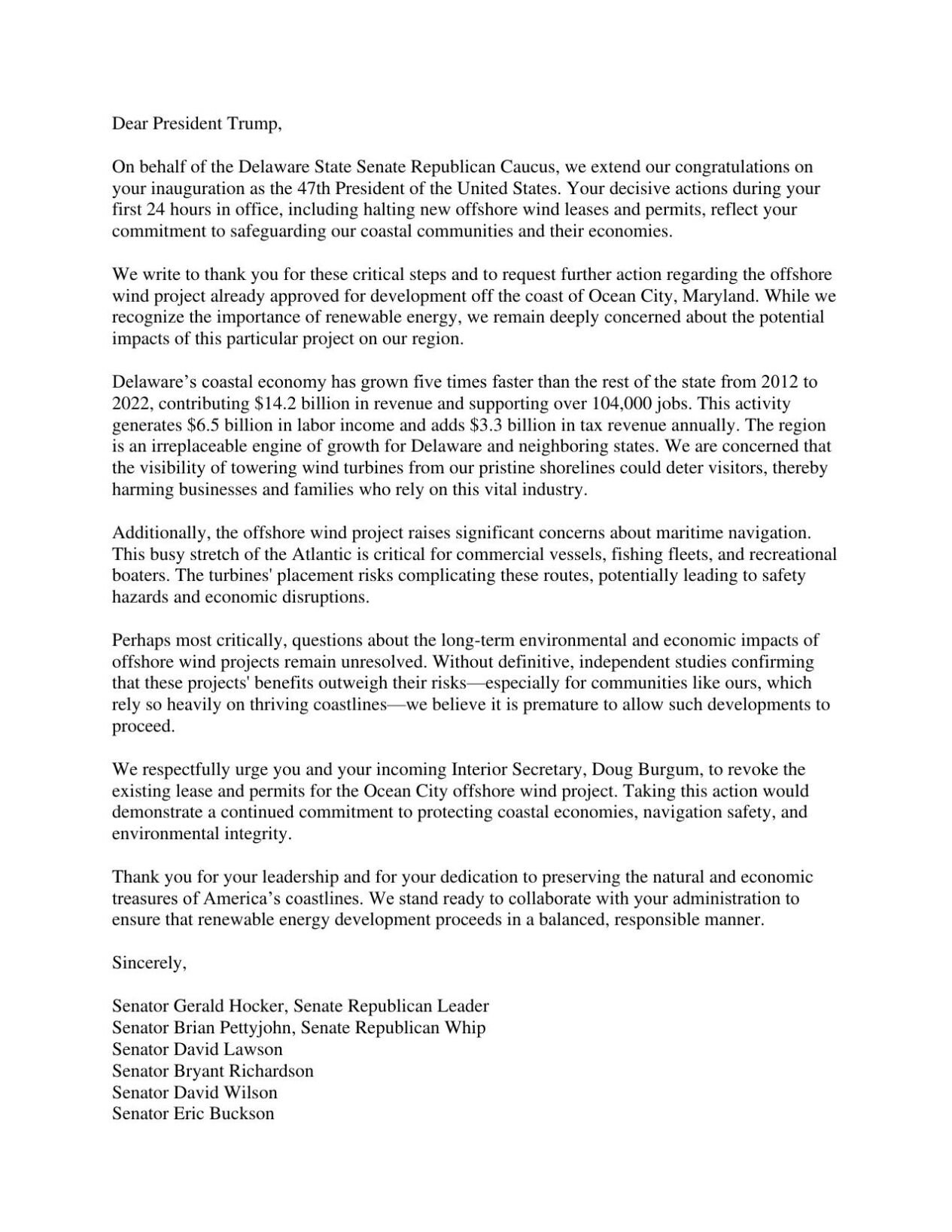 Republican Caucus Letter to President Trump