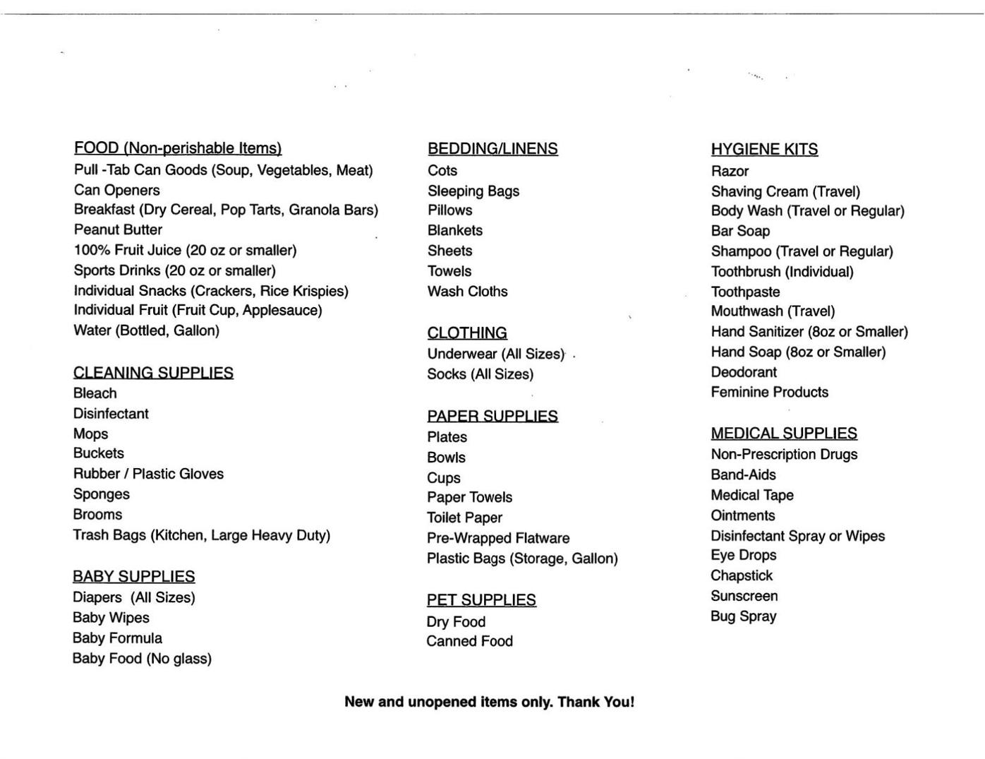 Hurricane Donation List