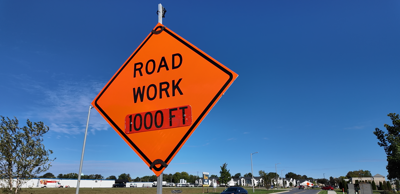 Road work sign located on King Boulevard referring to the West Camden Bypass project.