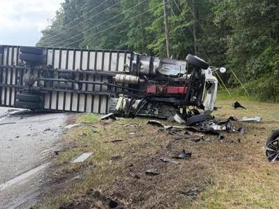 An overturned truck on Snow Hill Road