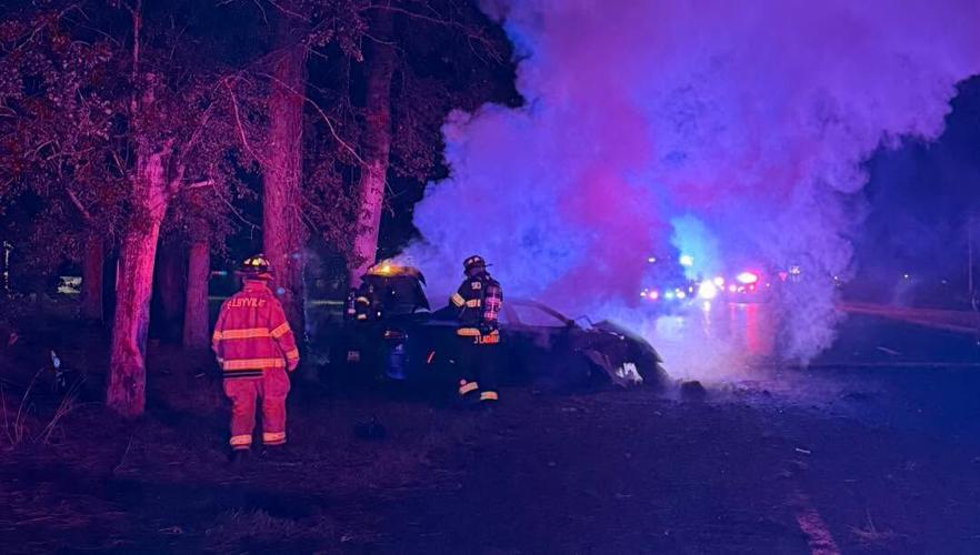 Firefighters extinguish flames engulfing a car after it crashed into trees off US 113.
